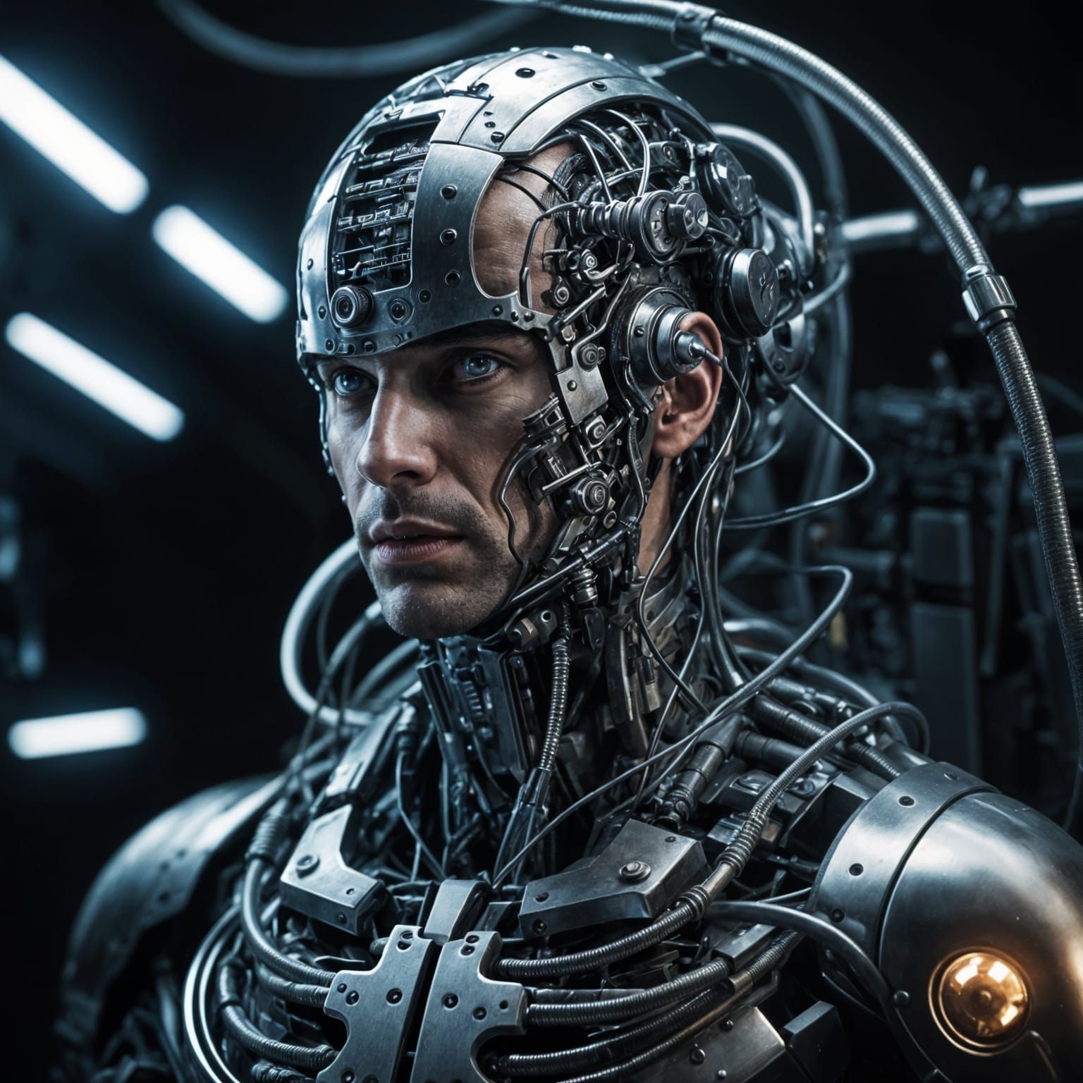 Man Wired to War Machine: Hyperrealistic Detail