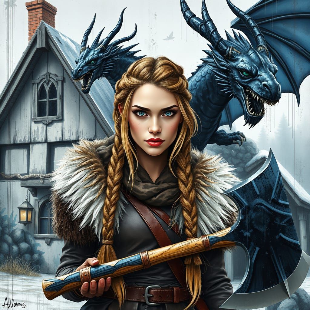 Viking Woman with Dragon, Graffiti Street Art Style