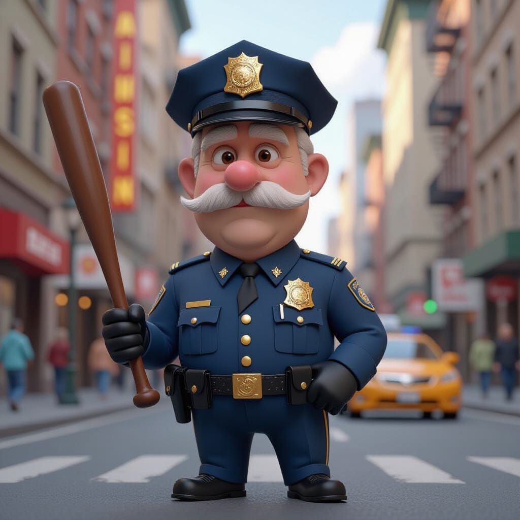 3D Caricature of Elderly Police Officer in City