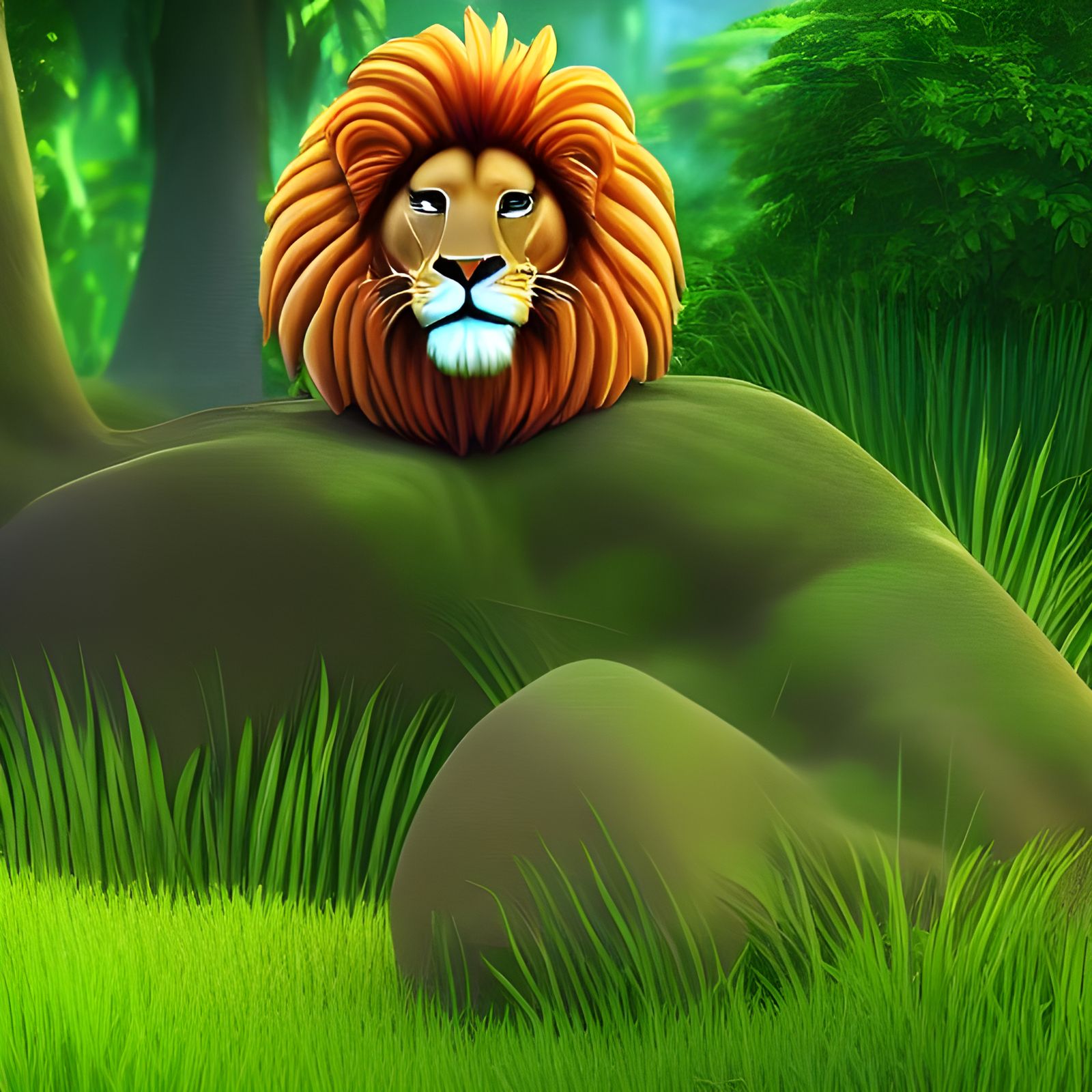 Happy Lion in Jungle: Pixar-Style 3D Digital Art