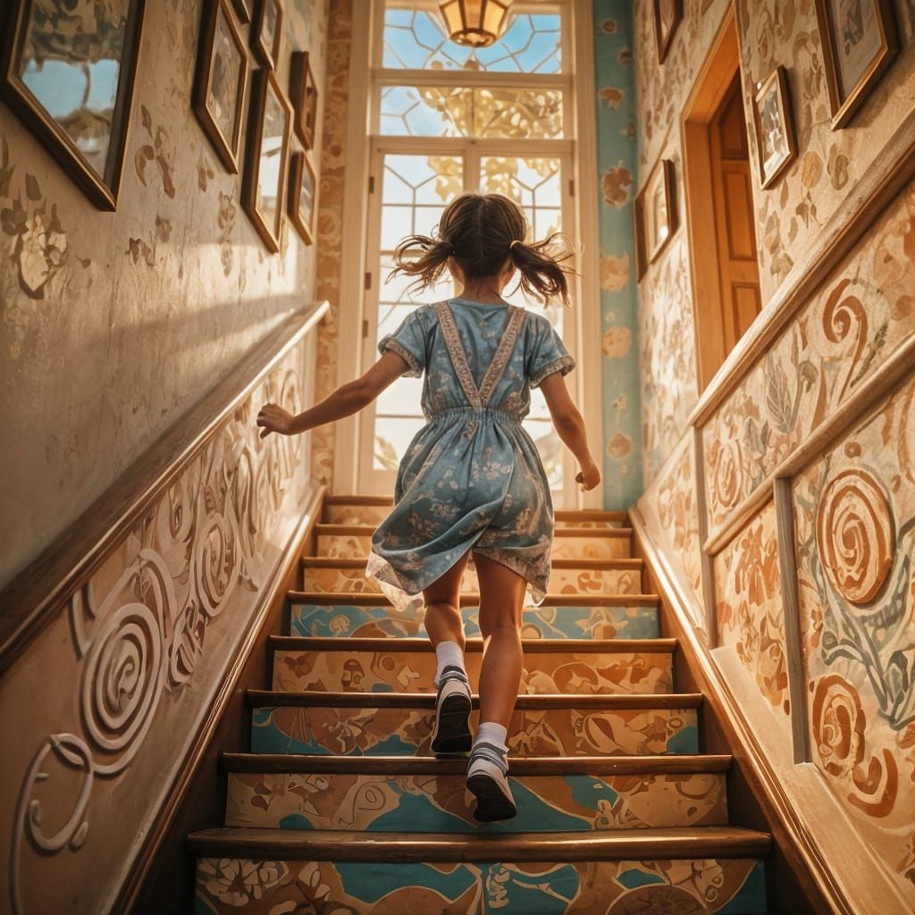 Girl Running Downstairs: Whimsical Cinematic Film Still