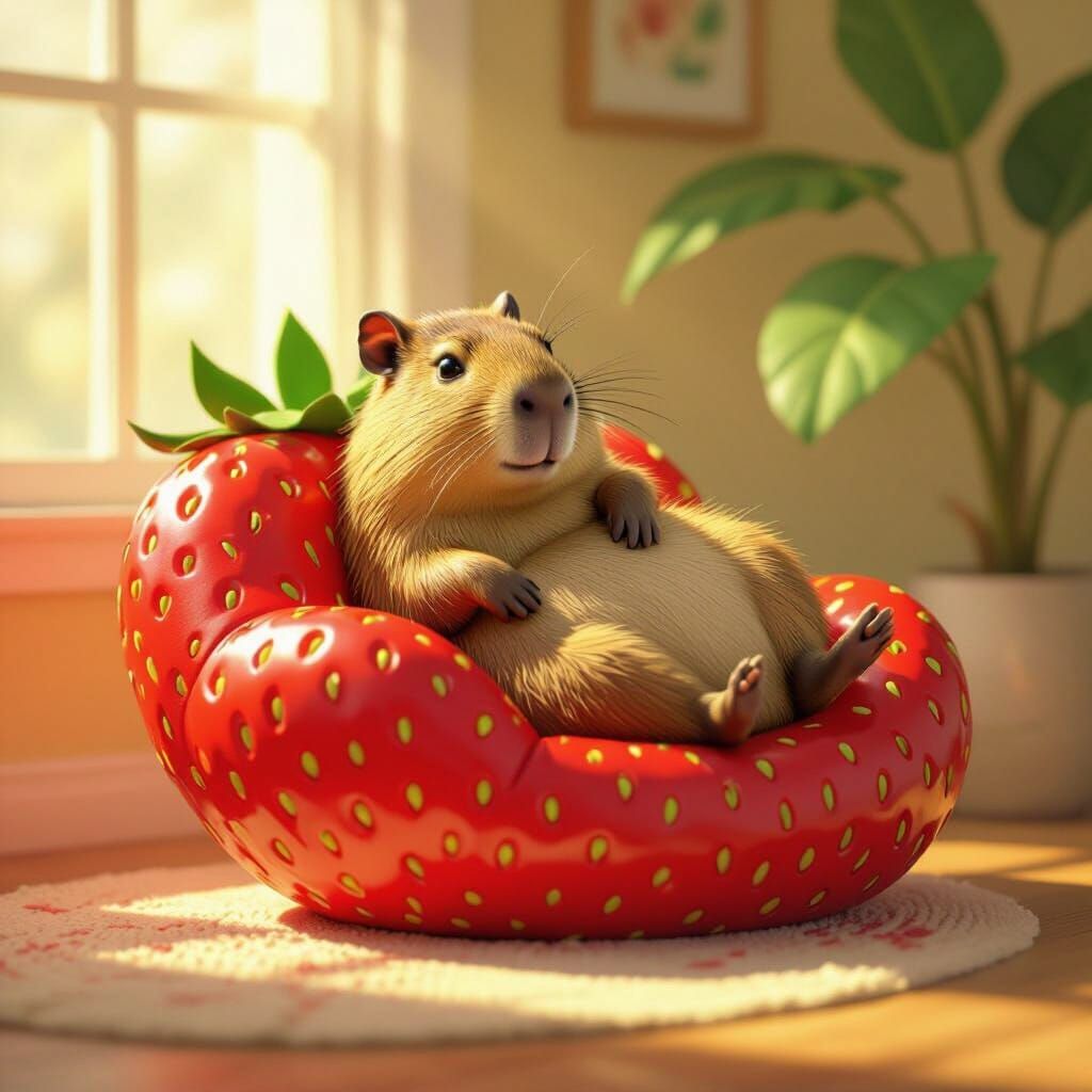 Content Capybara Relaxing on Strawberry Chair in Soft Sunlig...