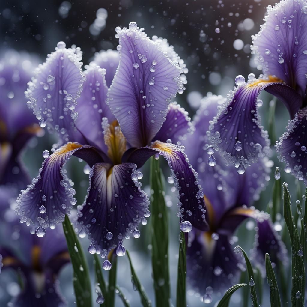 Violet Irises with Snowflakes Macro Photography