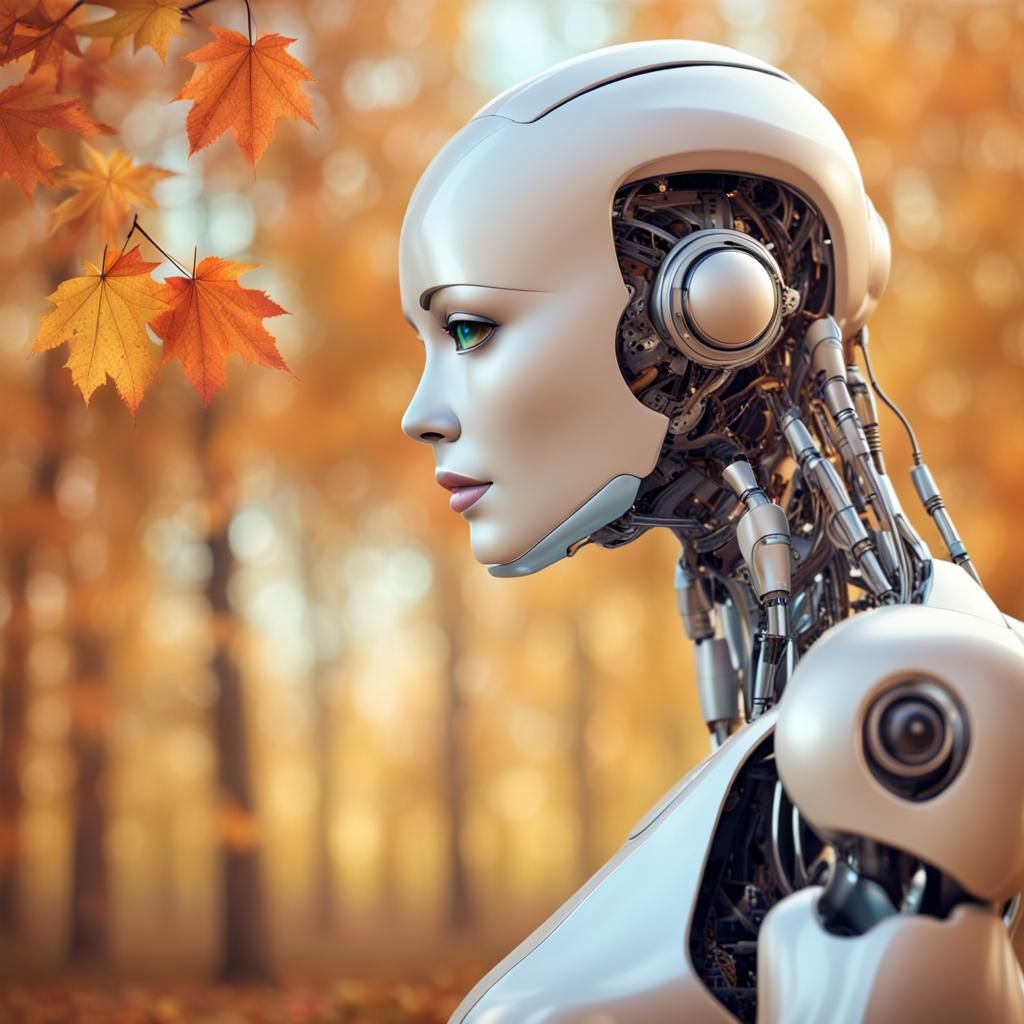 Robot with Female Face in Autumn Landscape