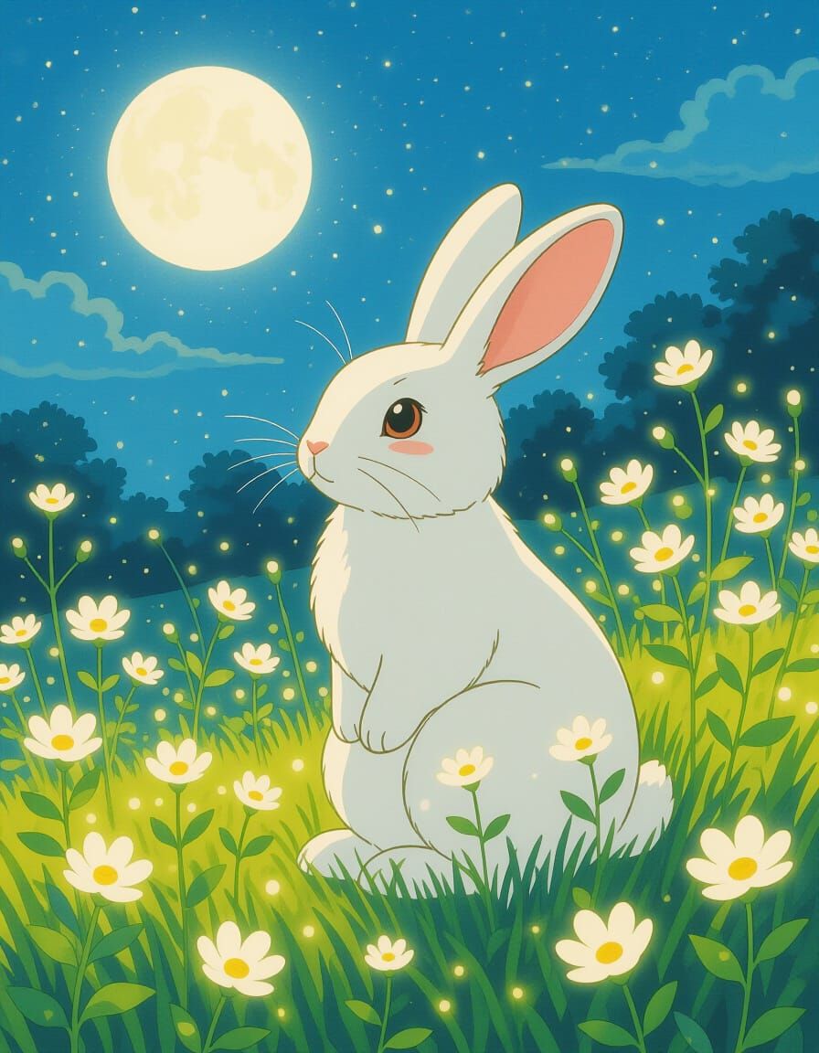 Luminous White Rabbit in Moonlit Wildflowers