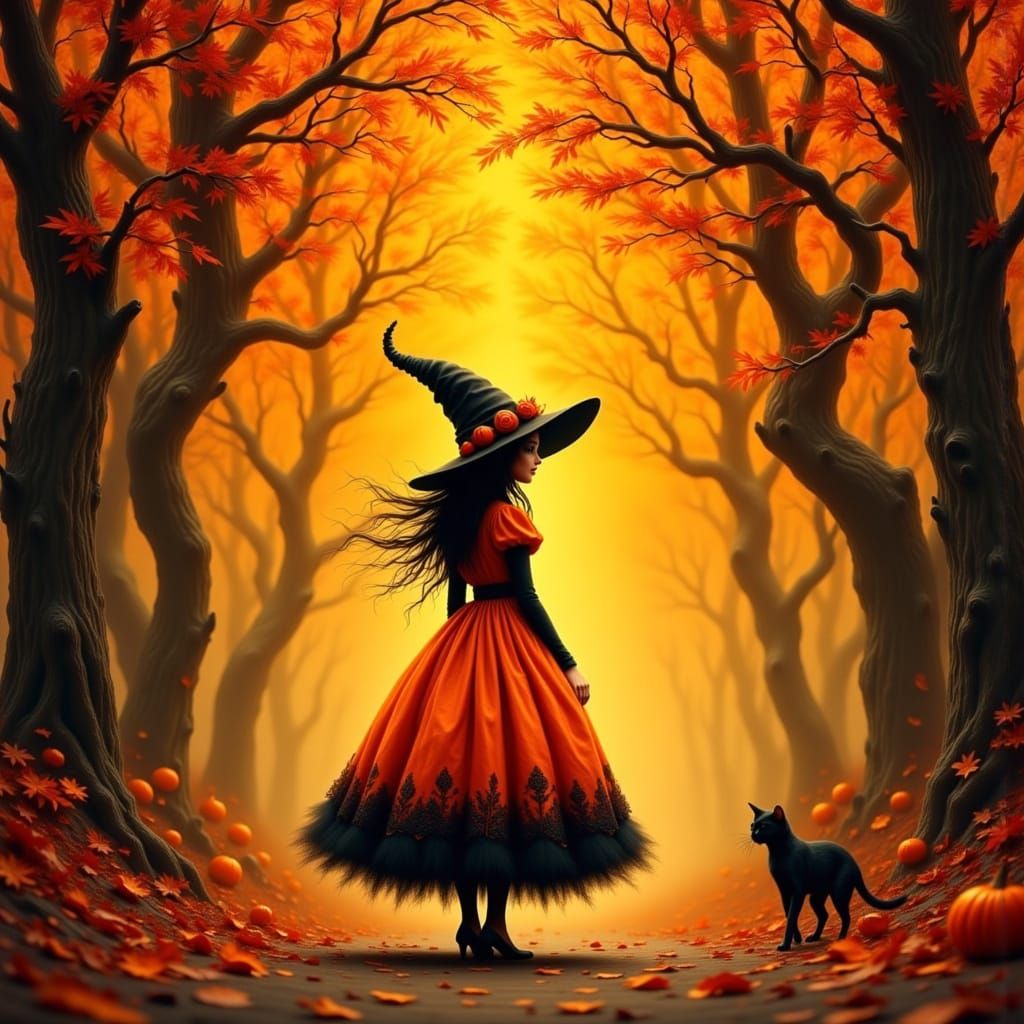 Whimsical Witch in Autumn Forest, Digital Illustration