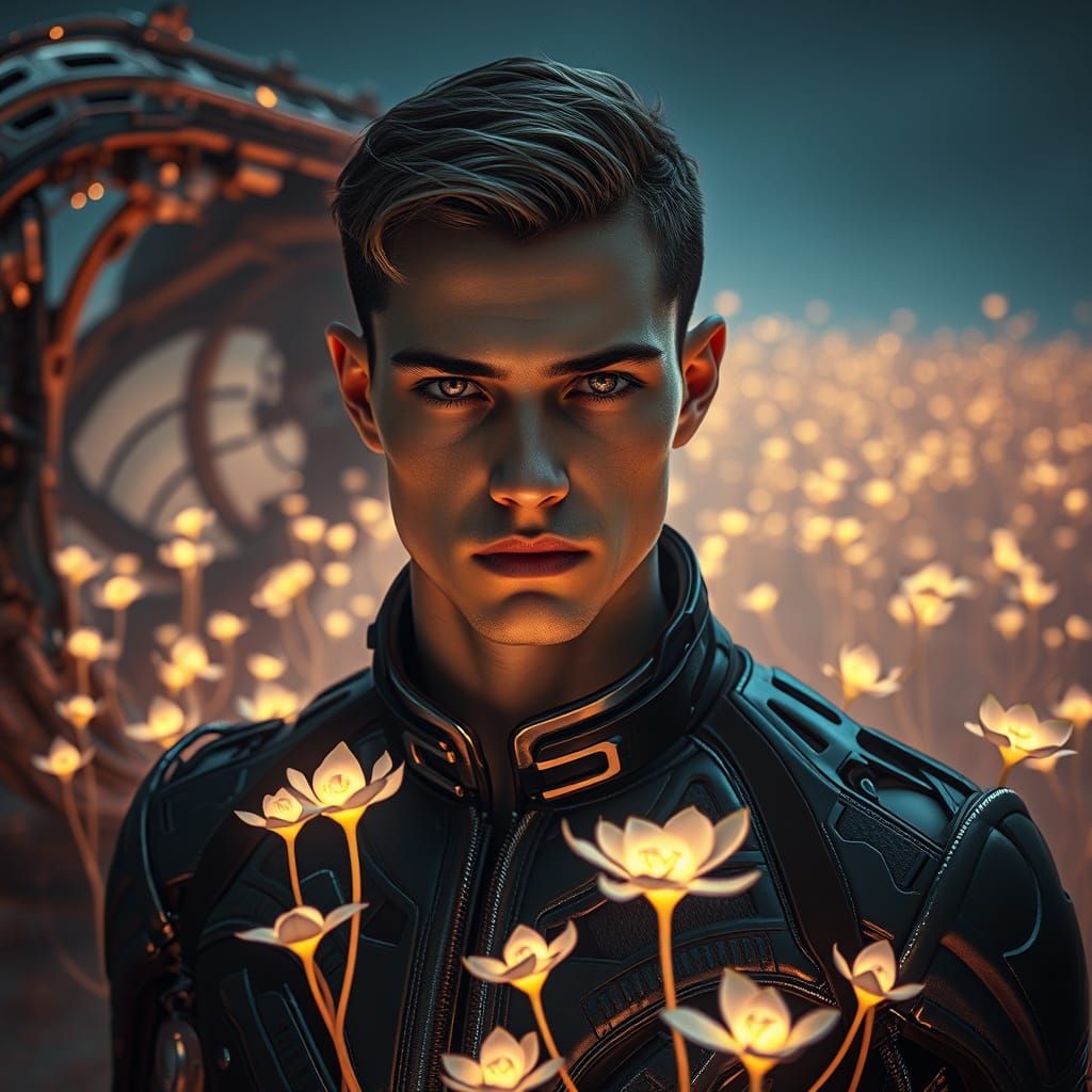 Stoic Space Explorer Surrounded by Alien Bloom