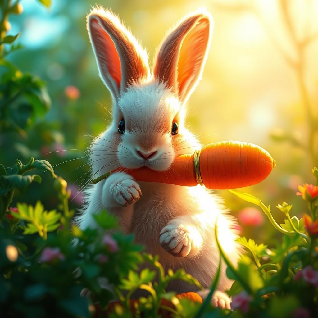 cute fluffy bunny eating carrot