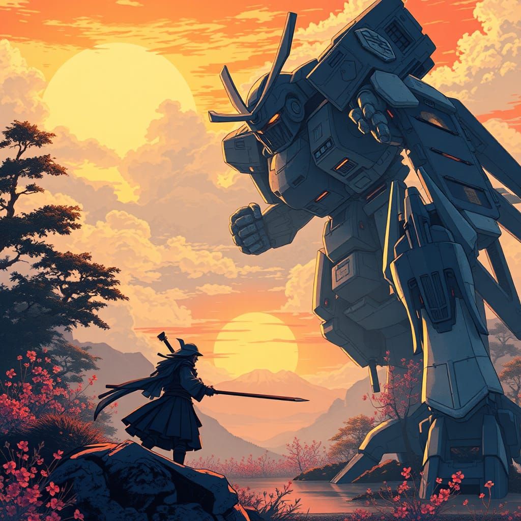 Epic Mecha Duel: Samurai Warrior vs Giant Robot