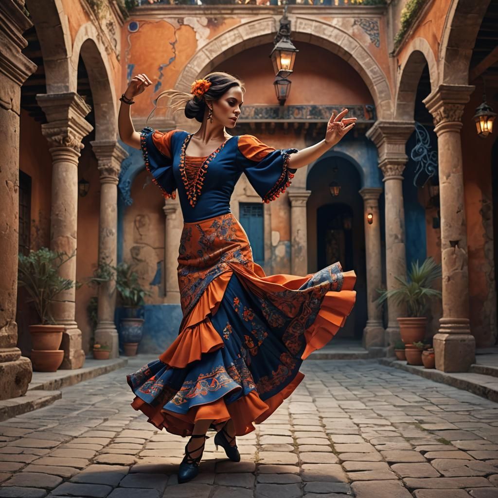 Flamenco Dancer in Ancient Courtyard: Fantasy Art