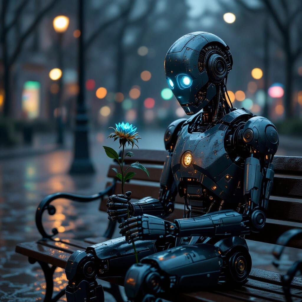 Photorealism. Medium shot. A melancholic android sits on a p...