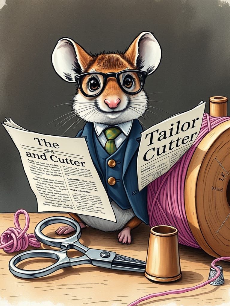 Mouse in Three-Piece Suit Reads Newspaper in Whimsical Water...
