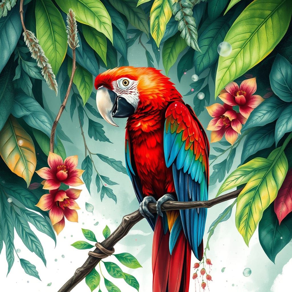Surreal Amazonian Macaw in Whimsical Watercolor Abstraction