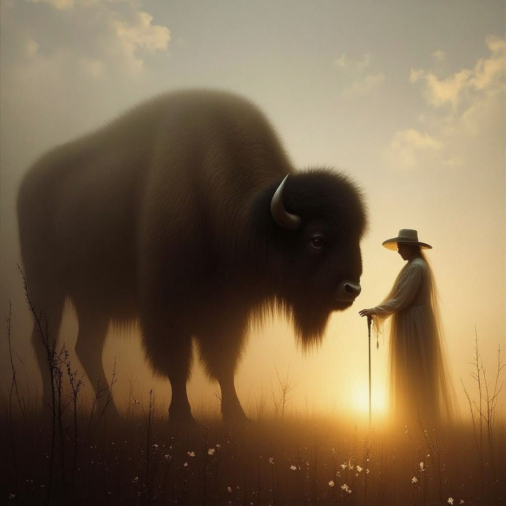 Ethereal Native American Spirit Connects with Bison