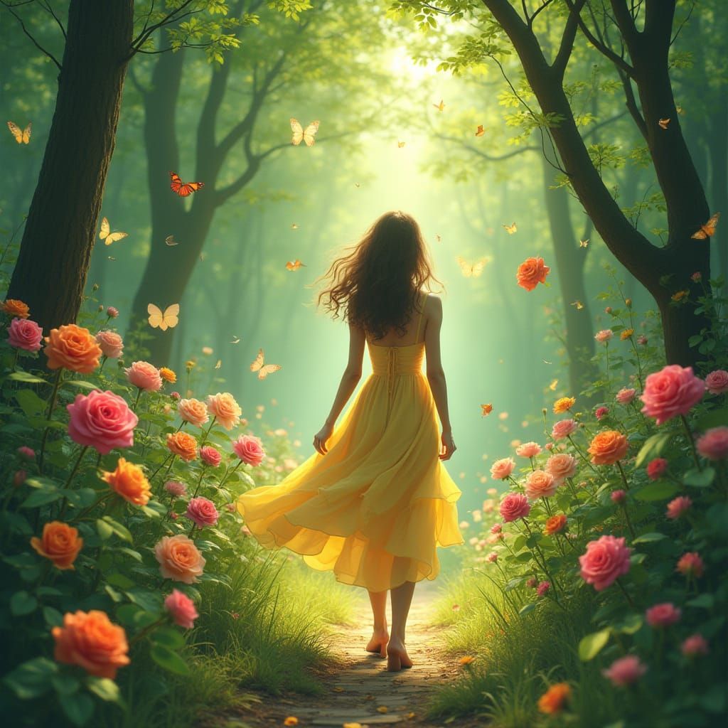 Lady Walking in Whimsical Forest Garden