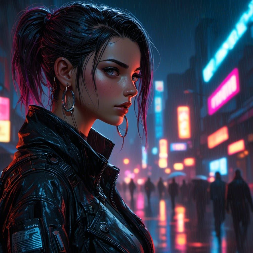 Cyberpunk Anime Heroine in Rainy Cityscape