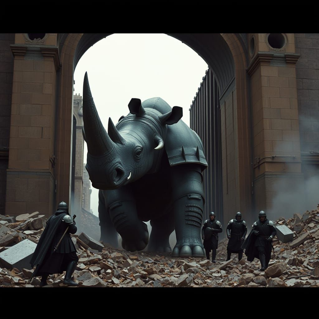 Armored Behemoth Rhino Attacks Ruined City Gates