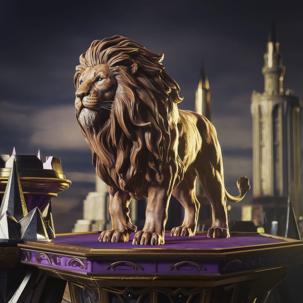 Fantasy Lion on Purple Platform, Dark Concept Art
