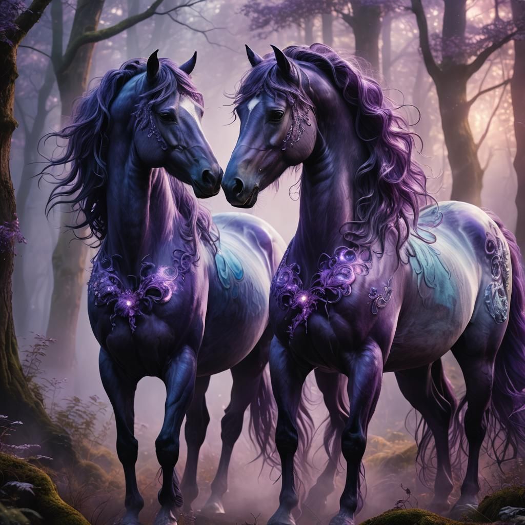 Majestic Purple Horses in Mystical Forest Concept Art