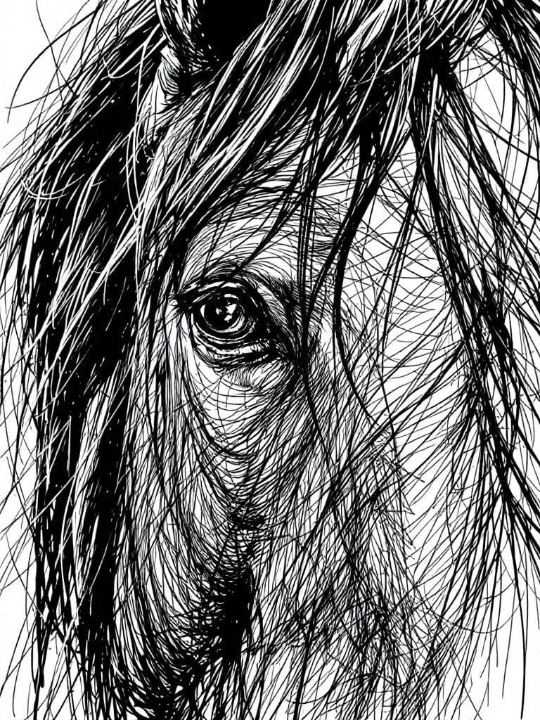 Detailed Horse Portrait in Black Biro Pen Style