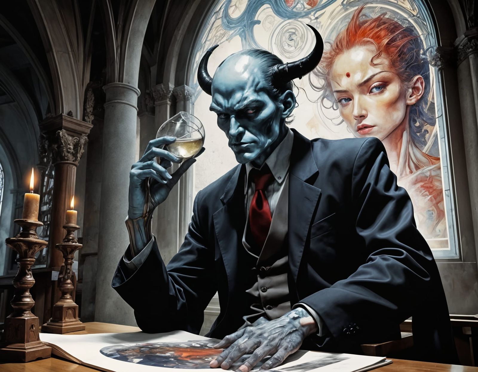 Surreal Blue Devil in Church, Alcohol Ink Style