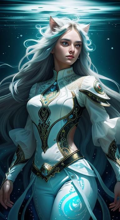 Underwater Girl with Bioluminescent Cats