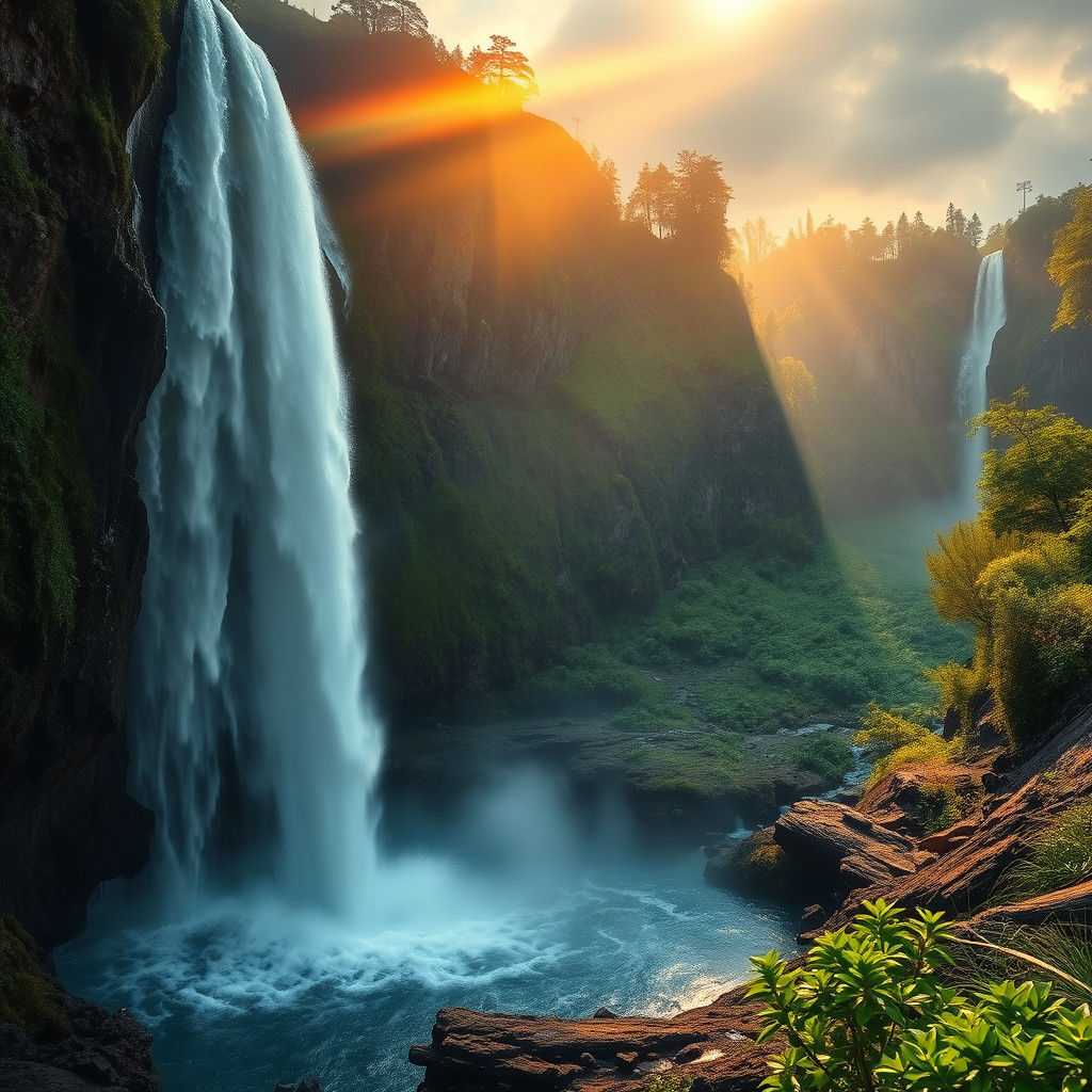 Breathtaking Waterfall Rainbow Sunlight Landscape Photograph