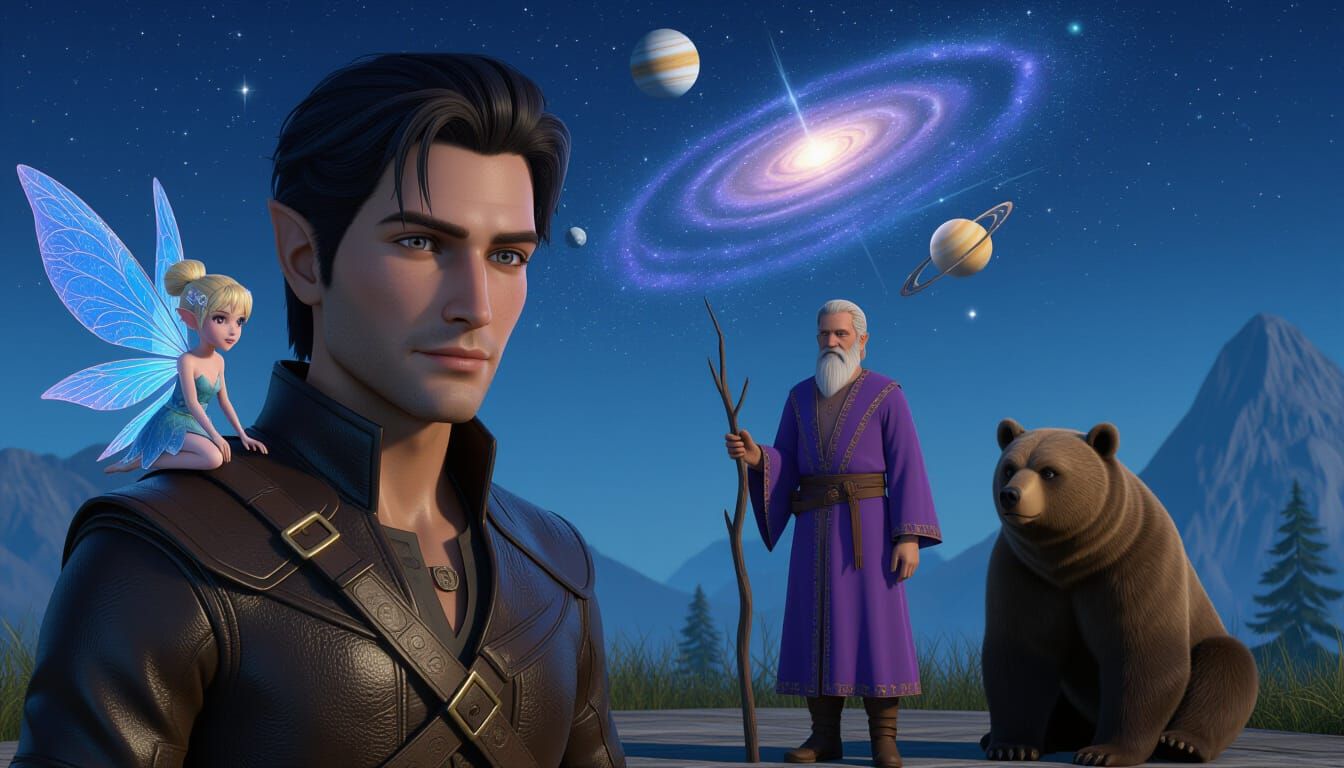 Man with Fairy and Celestial Spiral, Cinematic Art