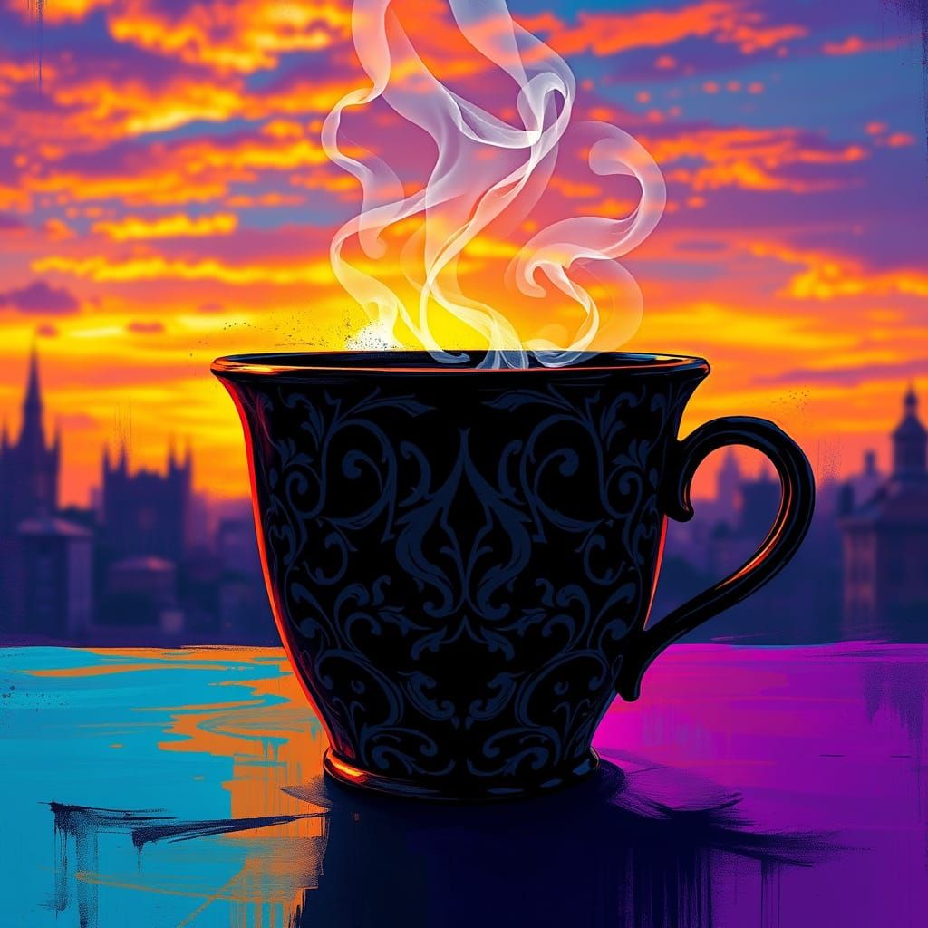 Gothic Sunrise Coffee Cup in Dynamic, High-Contrast Style