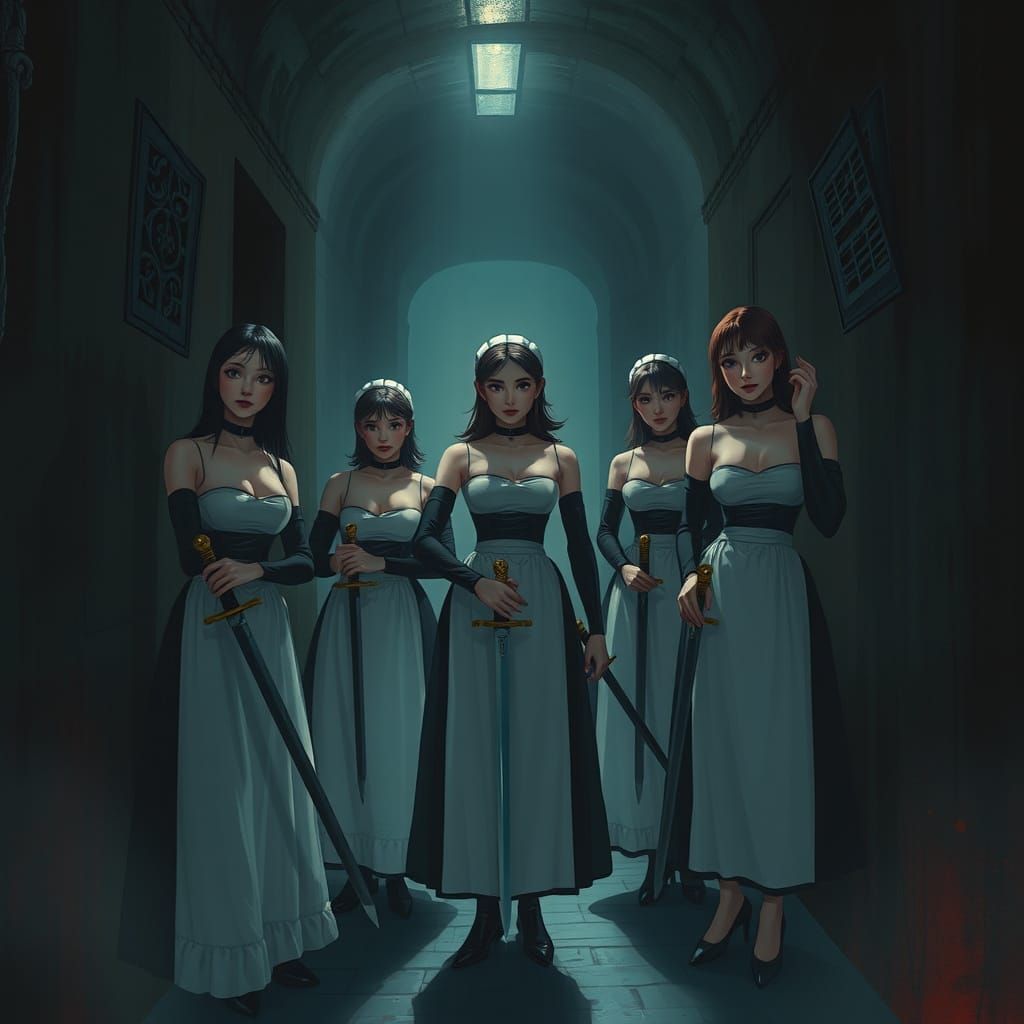 Bare-Chested Maids with Swords in Dark Passage