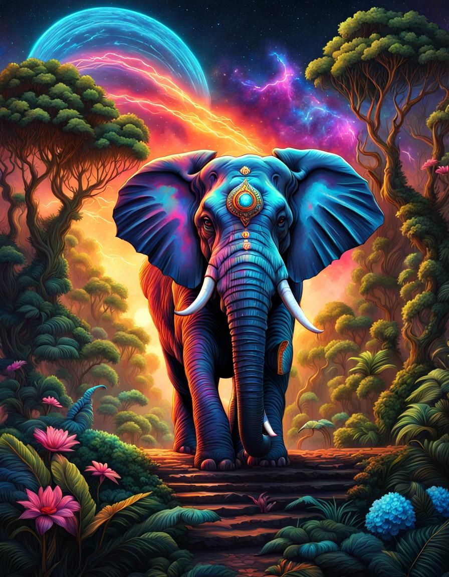 Cosmic Elephant in Jungle: Fantasy Art