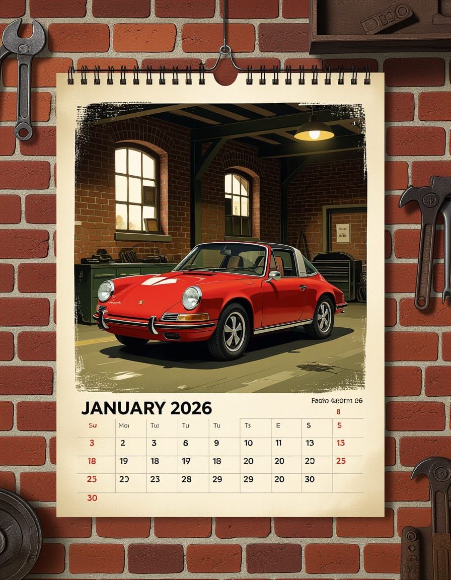 Vintage Porsche Calendar in Auto Shop