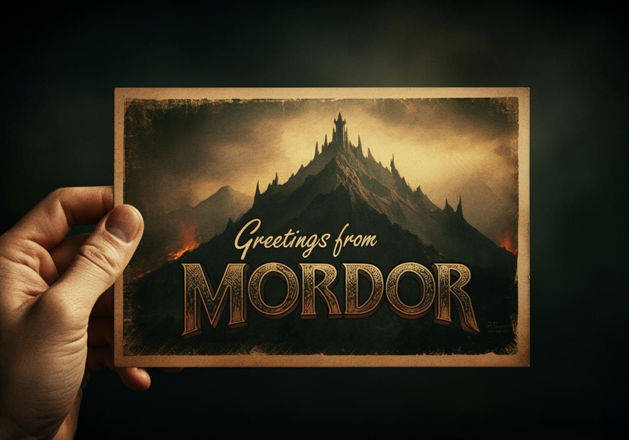 Greetings from Mordor: Vintage Postcard in Dark Fantasy Styl...
