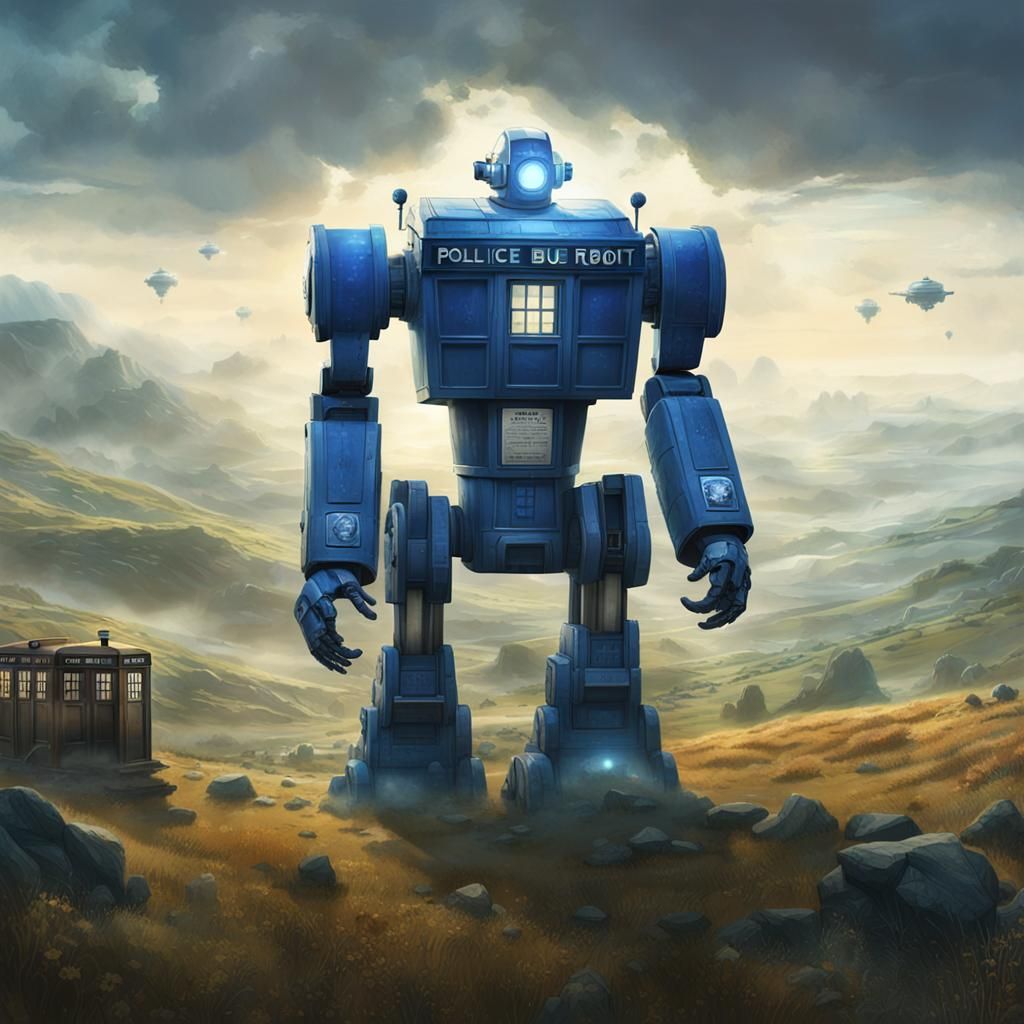 Giant Robot Police Box in Misty Countryside