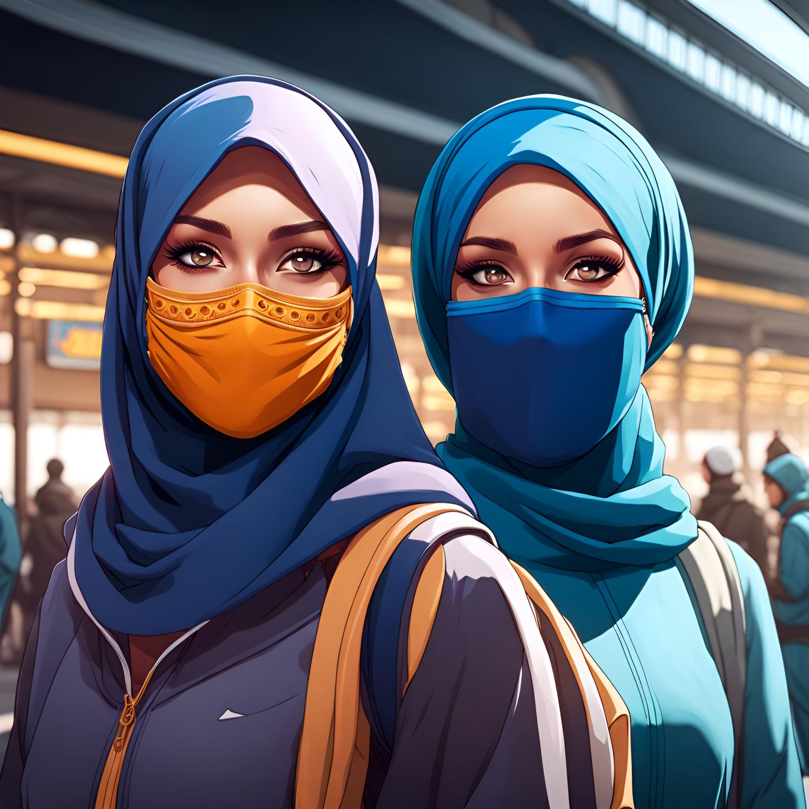 Smiling Women at Train Station: Hyperdetailed Digital Art