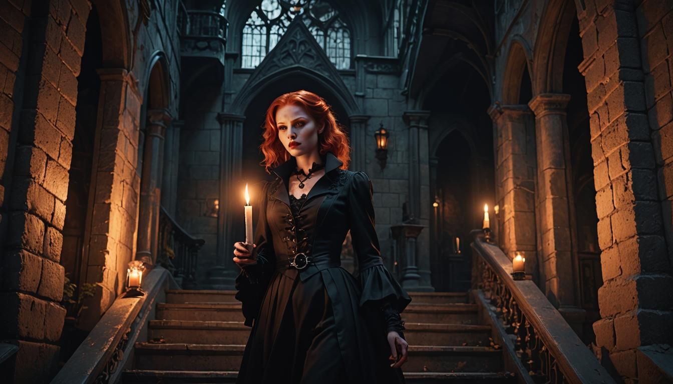 Red-Haired Vampire Descending Gothic Staircase in Film Noir