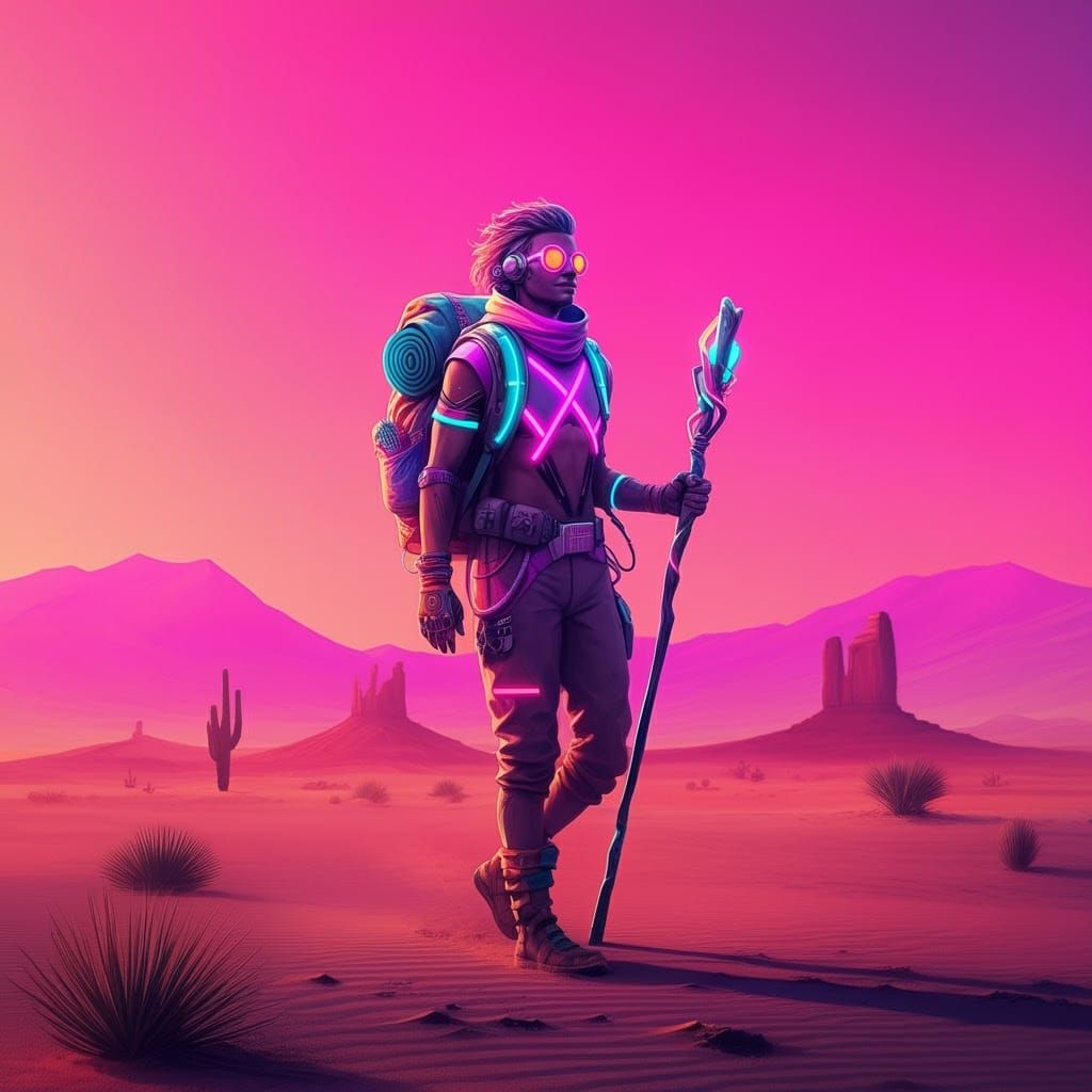 Nomadic Wanderer in Retro-Futuristic Comic Style