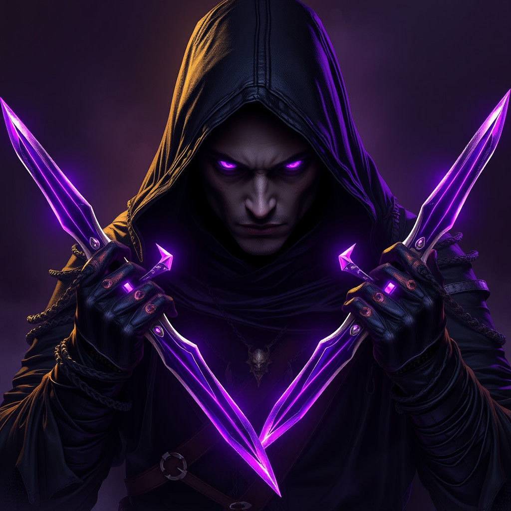 Soulknife Rogue with Purple Daggers in Dark Fantasy Style