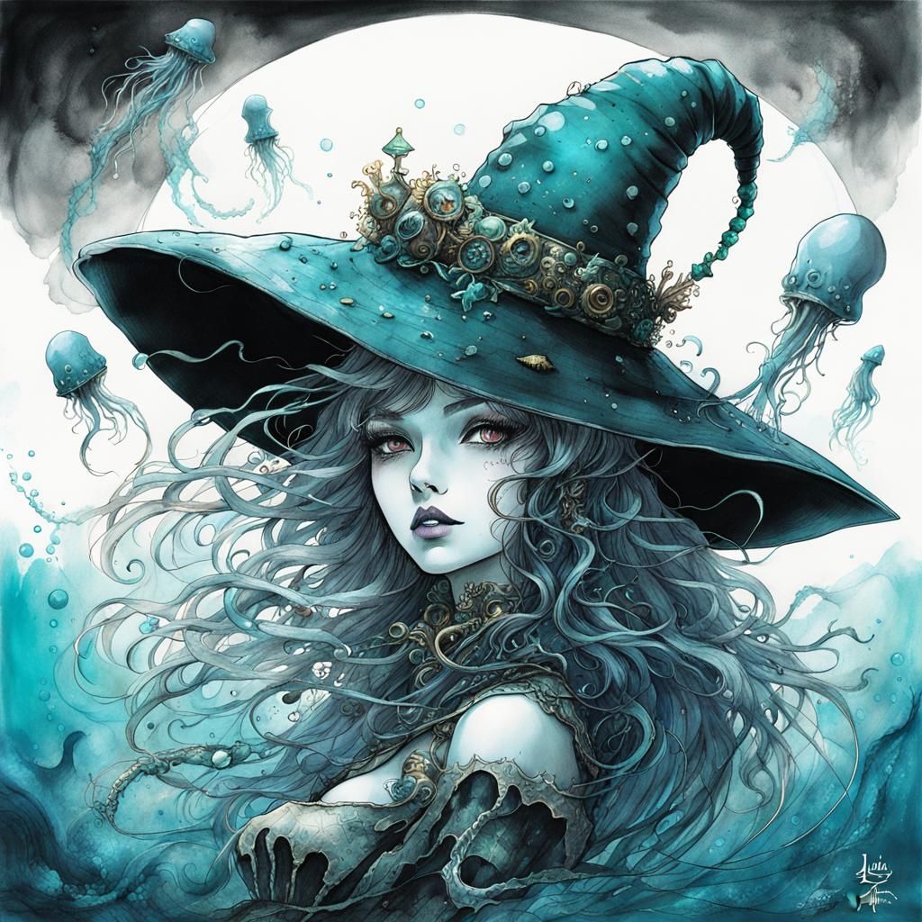 Biopunk Witch-Jellyfish Hybrid on Coral Reef