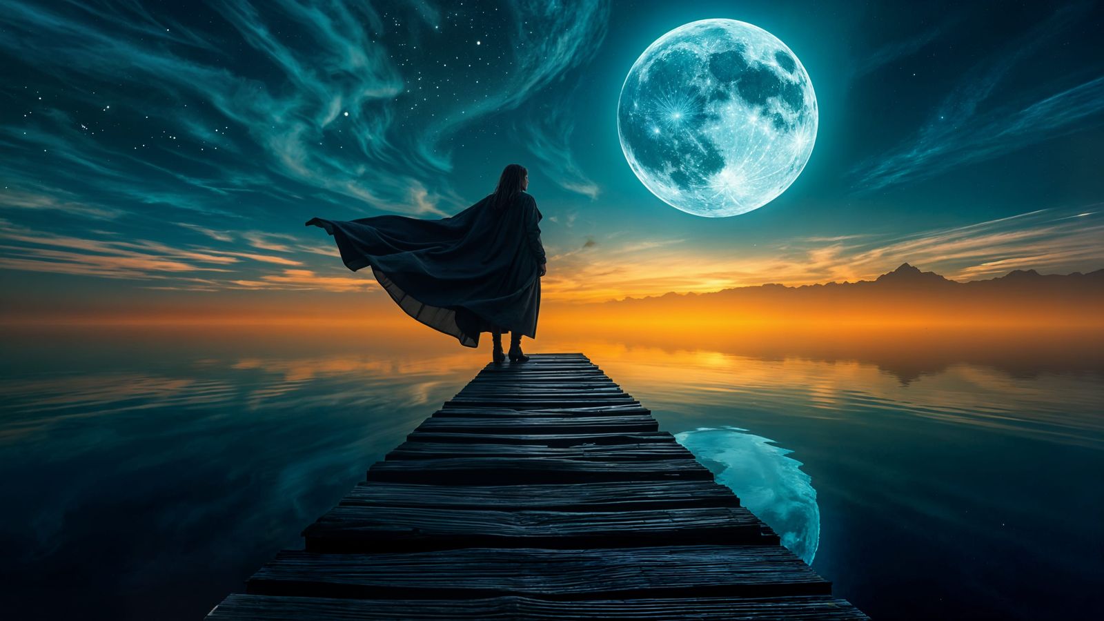 Mystical Moonlit Nightscape with Woman on Pier