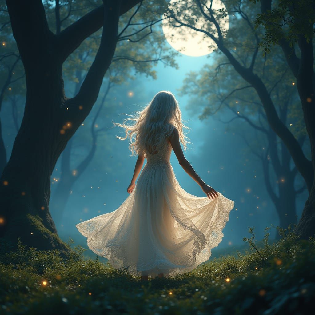 Ethereal Forest Goddess Dances Under Starlight