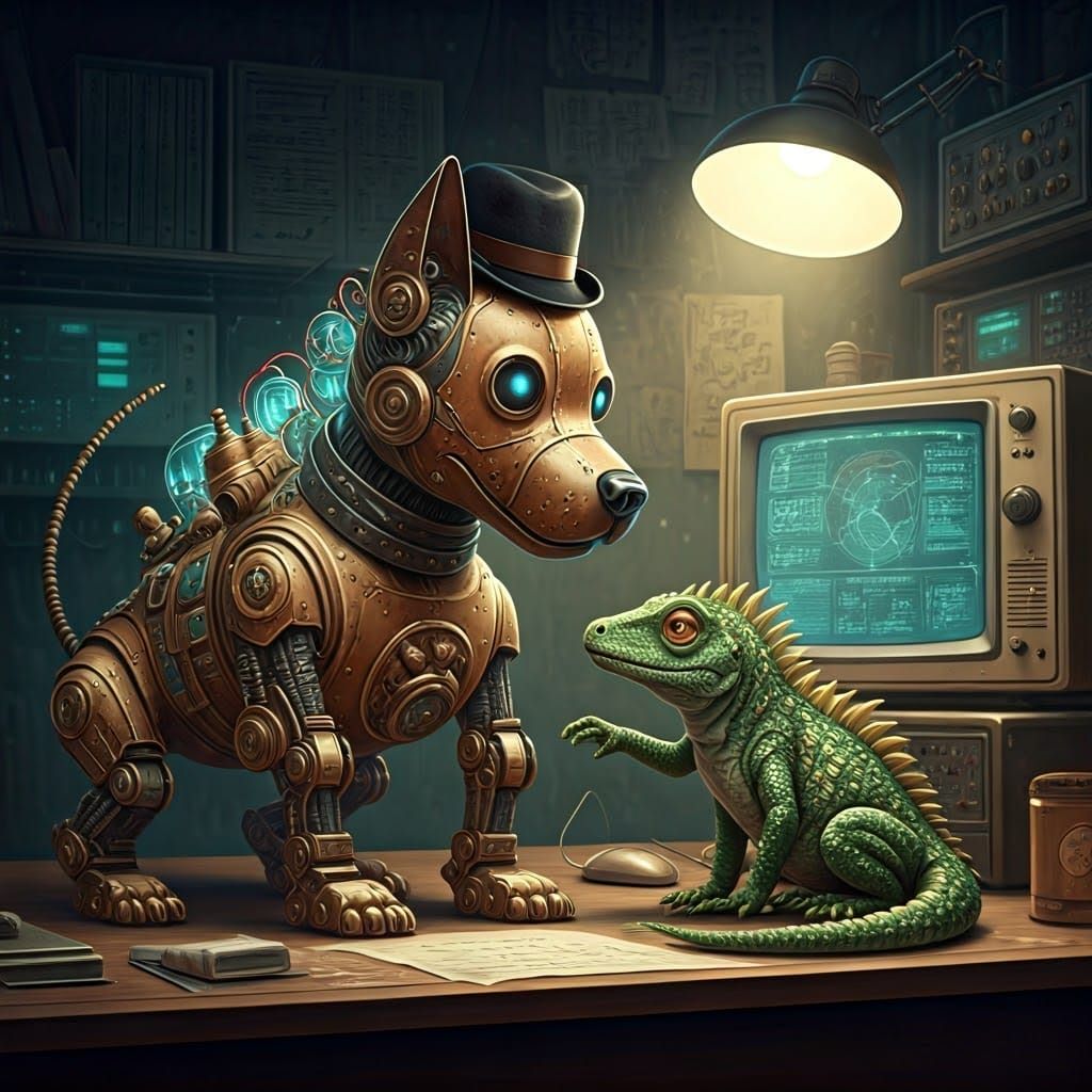 Steampunk Robotic Dog and Lizard in Workshop