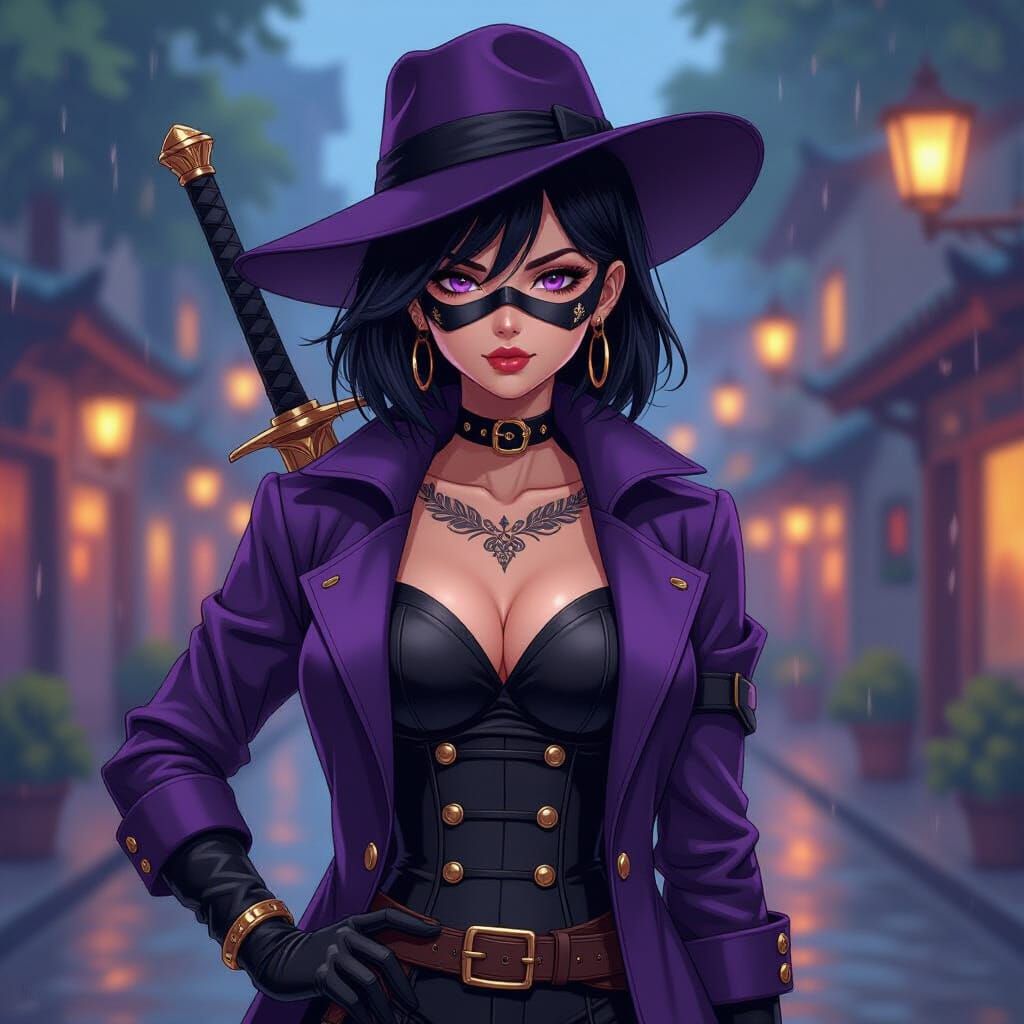 Anime Woman in Zorro Outfit, Cel-Shaded Style