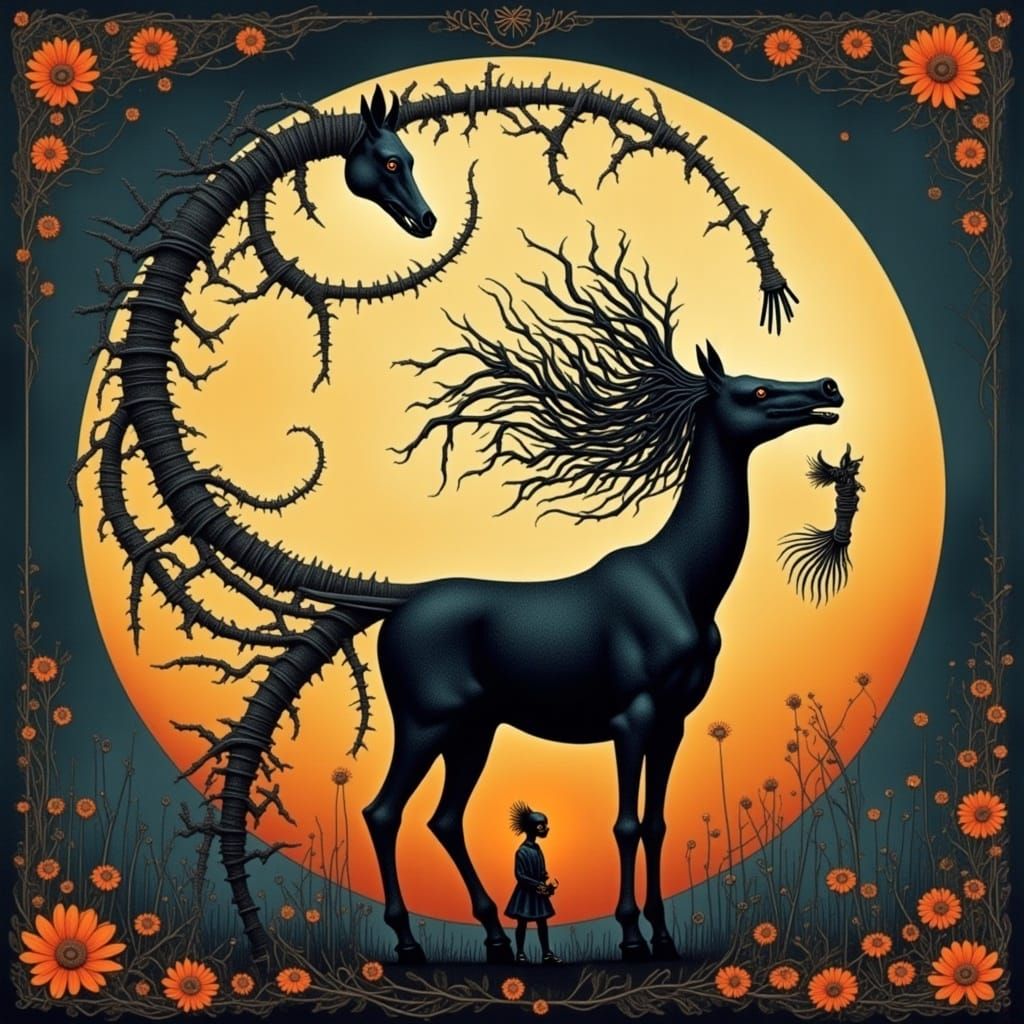 Haunting Moonlit Landscape with Skeletal Horses
