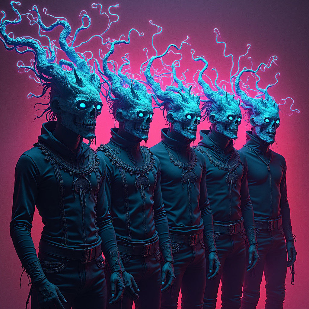 Death Metal Band with Psychedelic Masks in Cyberpunk Style