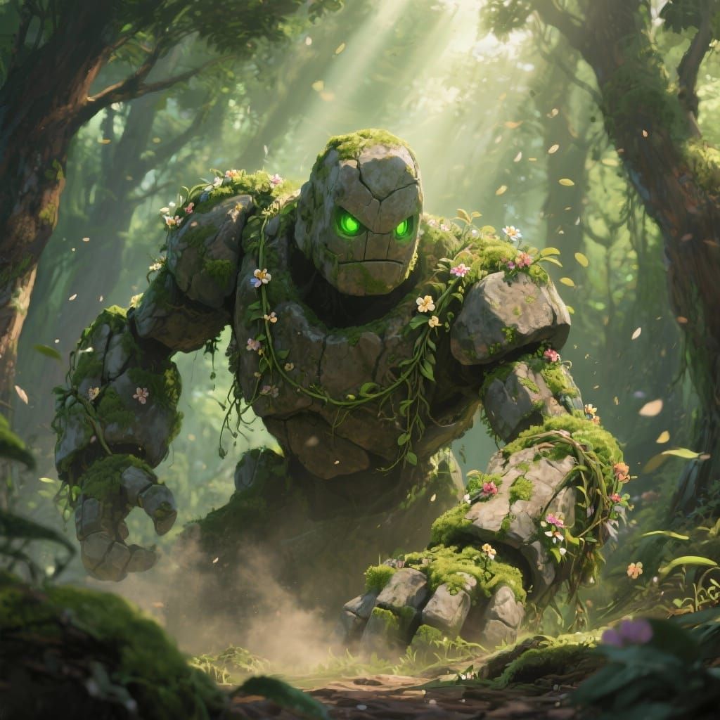 Mossy Stone Golem Awakens in Sunlit Enchanted Forest
