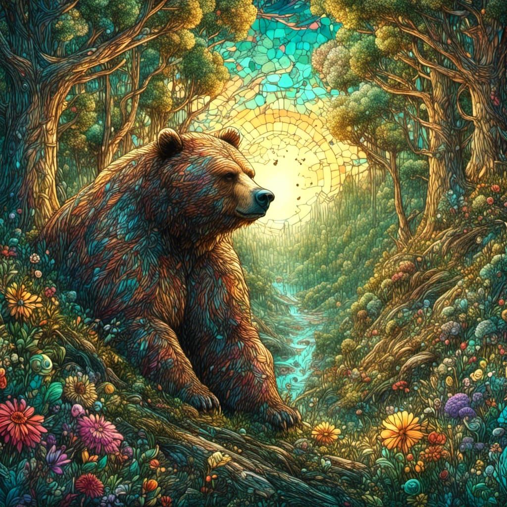 Grizzly Bear in Forest Thicket: Hyperrealistic Concept Art