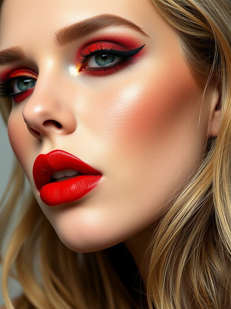 Glamorous Woman with Vibrant Red Lipstick and High-End Makeu...