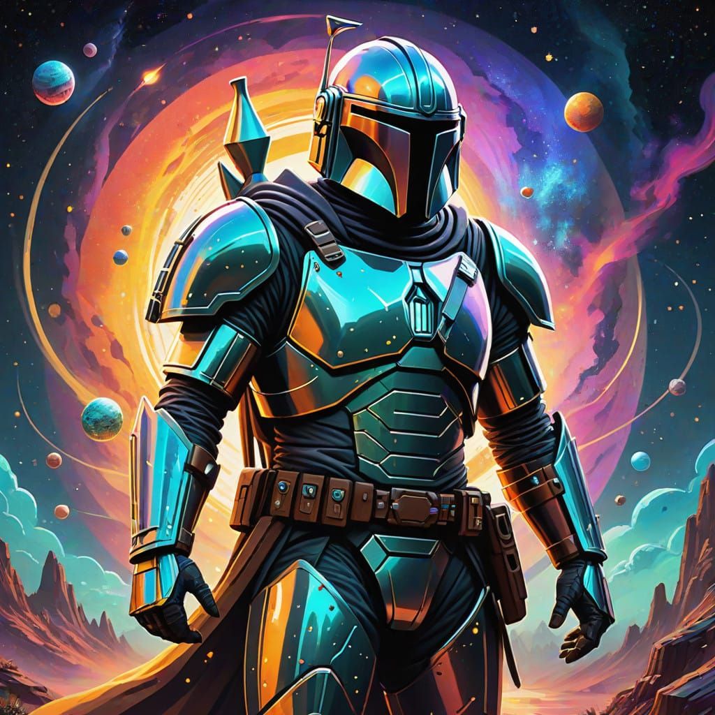 Mandalorian Warrior in Vibrant Cosmic Galaxy