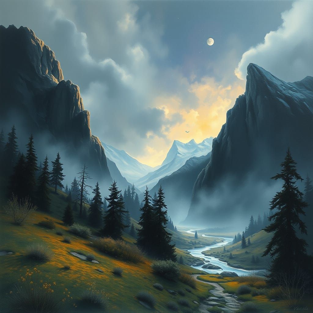 Ethereal Fantasy Landscape in Gouache and Charcoal